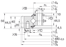 交叉滾子軸承 XSA140414-N, 標準系列 14， 外部的齒輪齒，兩側唇密封
