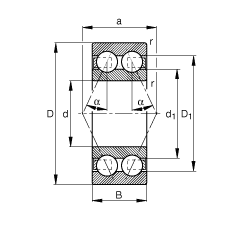 角接觸球軸承 3808-B-TVH, 雙列，接觸角 α = 25°