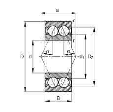 角接觸球軸承 3801-B-2RSR-TVH, 雙列，雙側唇密封，接觸角 α = 25°